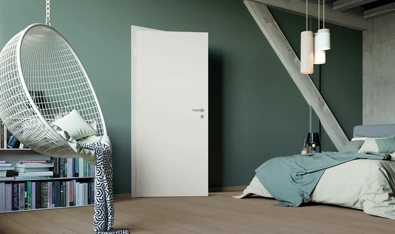 LOBO Innentür mit CPL-Oberfläche Colour in Uni Weiß, eingebaut im Schlafzimmer