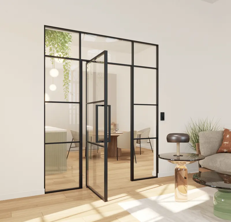 LOBO Stahl-Loft-Tür mit schwarzem Stahlrahmen und Glasfeldern im Wohnbereich