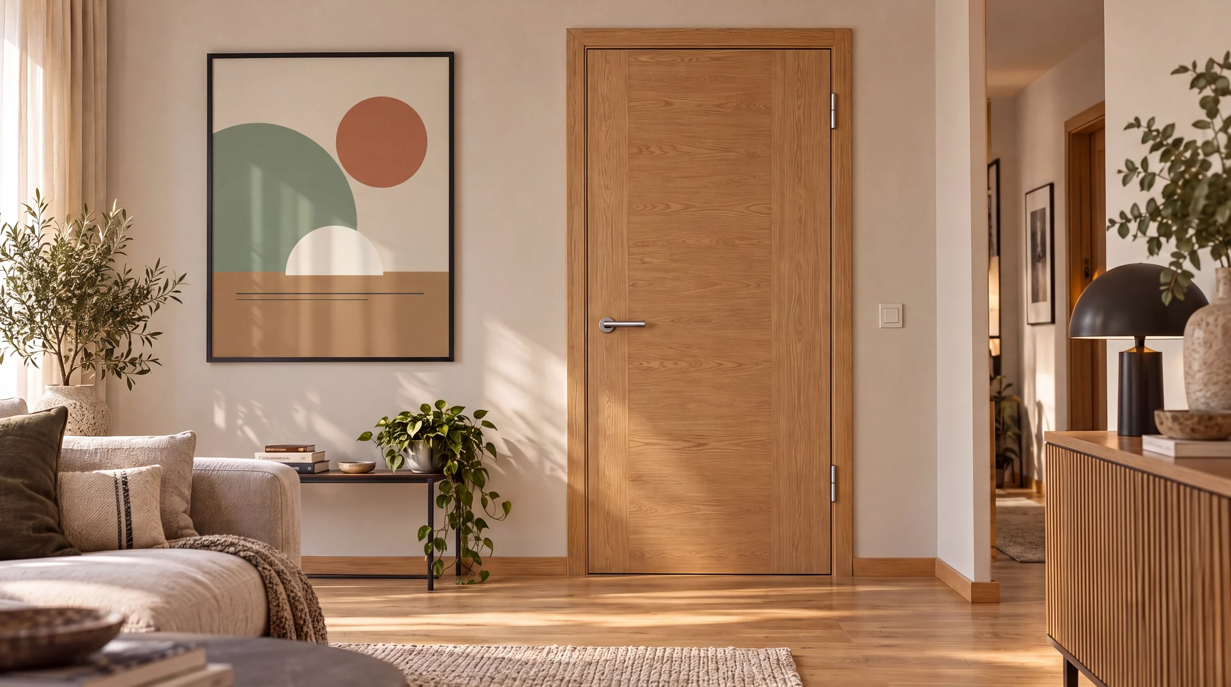 Wohnzimmer mit geschlossener Innentür in Eichenoptik, vollständig mit Zarge (KI-generierte Visualisierung)