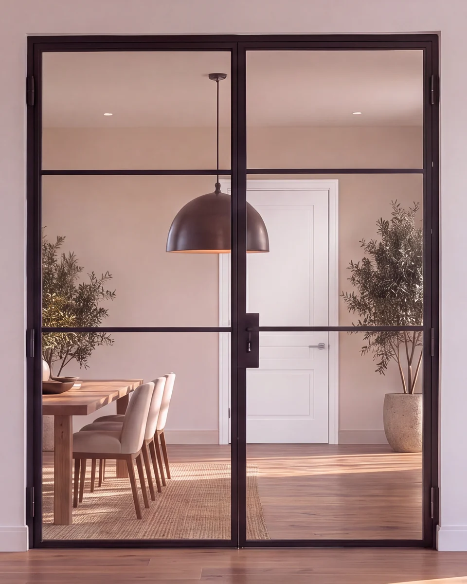 Küche mit geschlossener zweiflügeliger Stahl-Lofttür mit Glas, vollständig mit Zarge (KI-generierte Visualisierung)