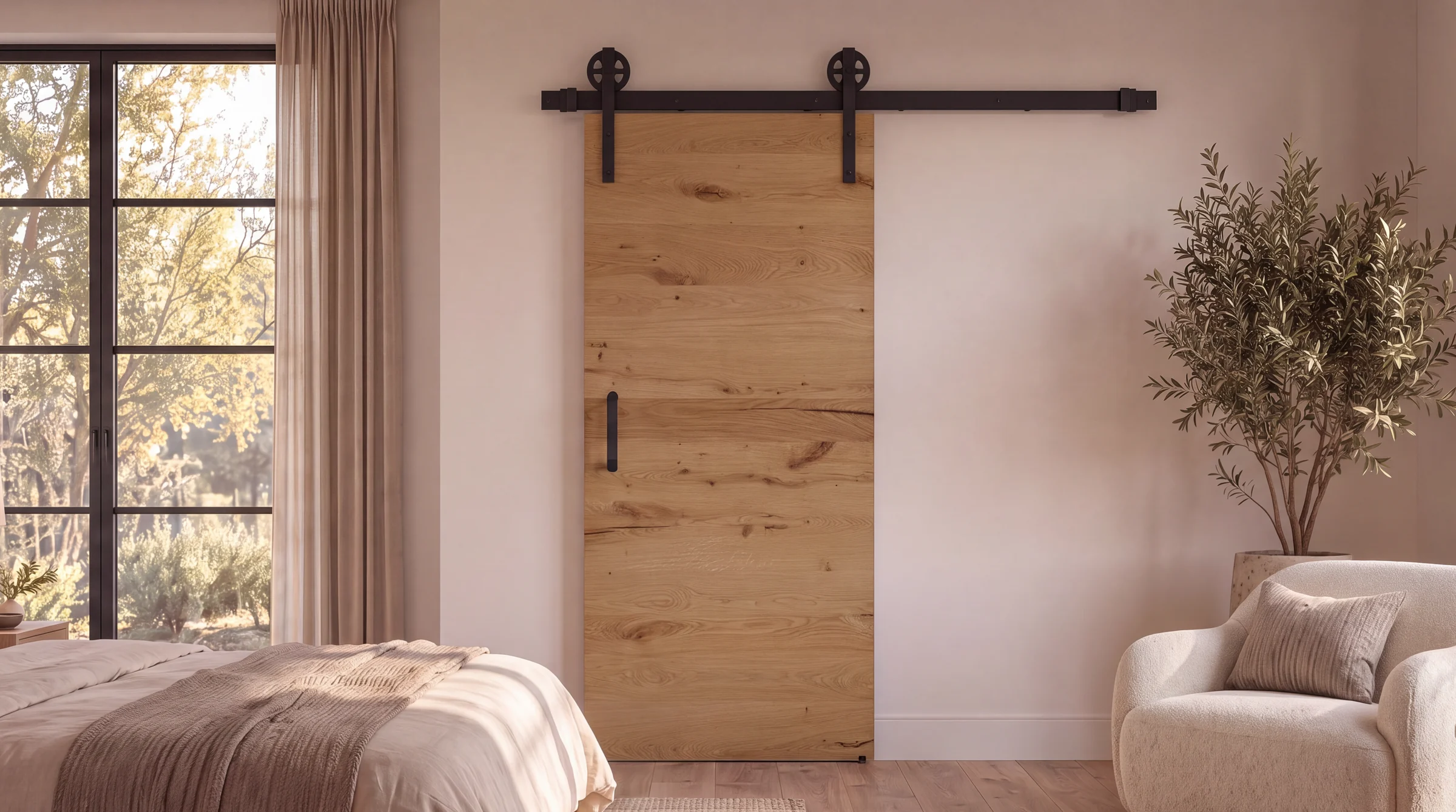 Schlafzimmer mit geschlossener Holzschiebetür in Eiche an schwarzer Laufschiene (KI-generierte Visualisierung)